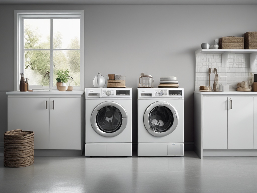 Dvě pračky umístěné v útulném a dobře zařízeném prostoru
